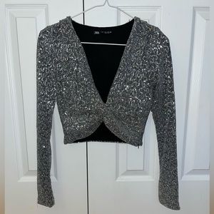 Zara Silver Sequin Knotted Top